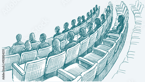 Audience seated in theater auditorium sketch, hand drawn crowd watching performance, cinema hall interior illustration with perspective view