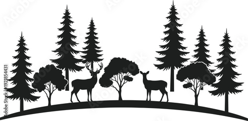 Forest deer silhouette vector illustration set, black white clipart of wildlife animal tree nature design, artwork bundle for woodland themes