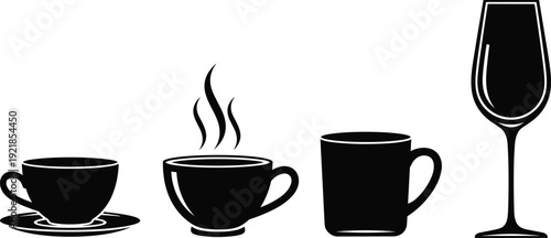 Black and white vector silhouettes of drinkware including teacup, steaming cup, mug, and wine glass, perfect for beverage design, café branding, and decorative artwork.