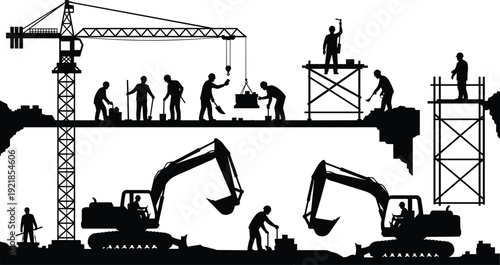 Black silhouette vector of construction site with workers, scaffolding, cranes, and excavators, showcasing teamwork, heavy machinery, and building industry themes for design projects.