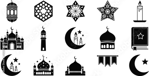 Islamic icon silhouette vector illustration set, black white clipart of lantern mosque crescent star cultural design, artwork bundle for Ramadan Eid themes