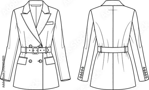 Women’s blazer coat fashion illustration, technical vector drawing of tailored garment front back view design, apparel artwork bundle for clothing themes