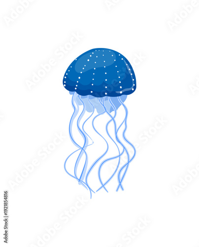 Vector illustration of a blue jellyfish with white dots and wavy tentacles.