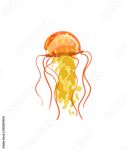 Vector illustration of an orange and yellow jellyfish with long tentacles.