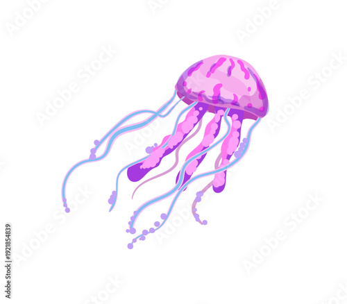 Vector illustration of a purple and pink jellyfish with long wavy tentacles.