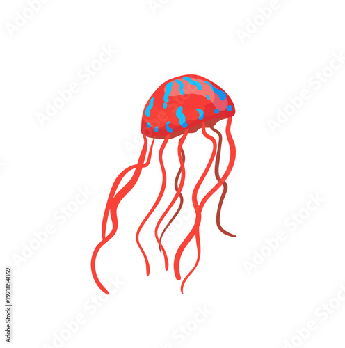 Vector illustration of a red jellyfish with wavy tentacles.