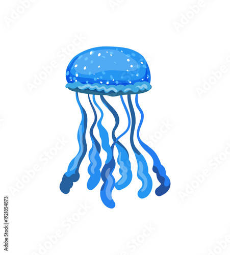 Vector illustration of a blue jellyfish with white dots and frilled tentacles.