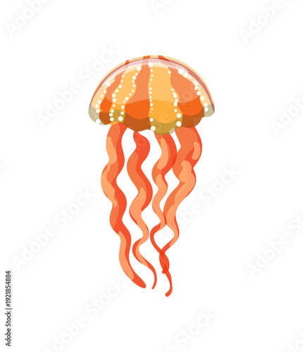 Vector illustration of an orange jellyfish with red stripes and long tentacles.