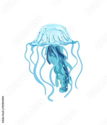 Vector illustration of a blue jellyfish with frills and wavy tentacles.
