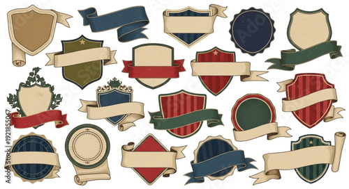 Collection of vintage shields and banners for design.