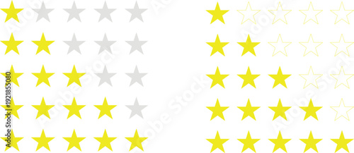 Gold five star rating icon set on transparent background.  flat icon with yellow and grey stars for reviews, feedbacks products and services.