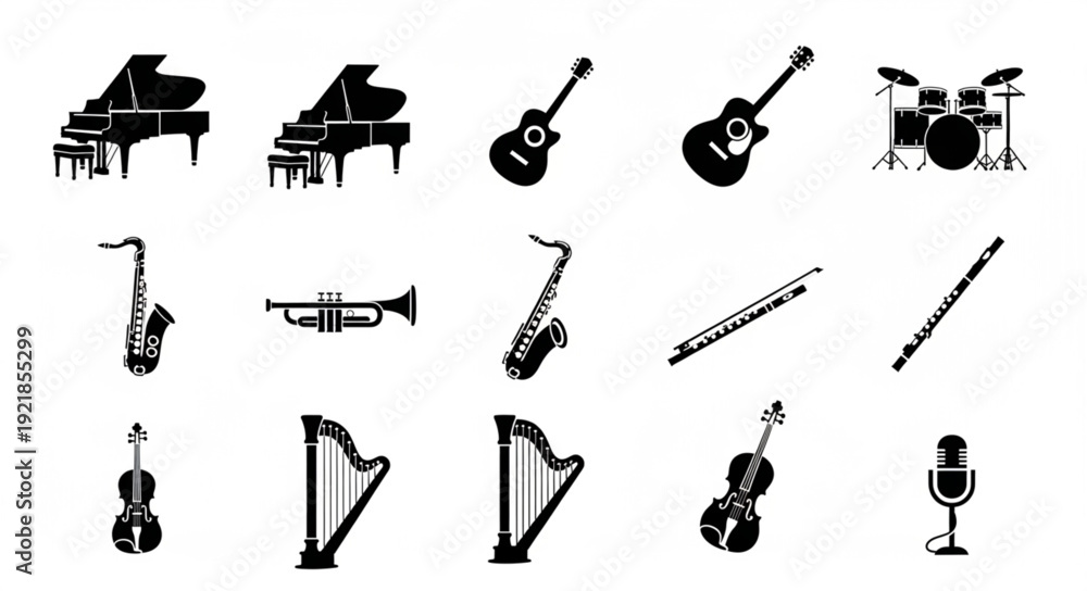 Fototapeta premium Collection of Musical Instruments Silhouettes Vector Graphic.