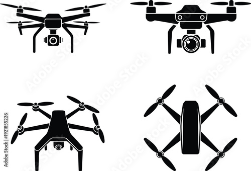Drone quadcopter silhouettes set, aerial camera UAV technology icons, black remote control aircraft vector illustration isolated on white background