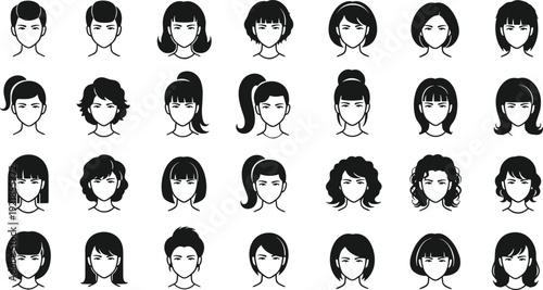 Female hairstyle silhouette vector illustration set, black white clipart of ponytail bun curls straight hair design, fashion artwork bundle for beauty themes