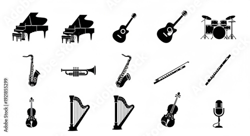 Collection of Musical Instruments Silhouettes Vector Graphic.
