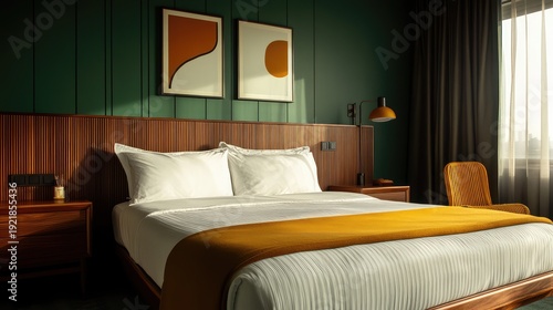 A high-rise urban retreat featuring a queen-size bed, rich green walls, and minimalist wooden paneling, offering a modern yet cozy ambiance.