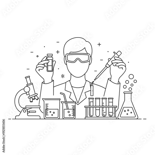A scientist in a lab coat and goggles conducts an experiment with test tubes, beakers, a microscope, and flasks, illustrating scientific research and discovery.