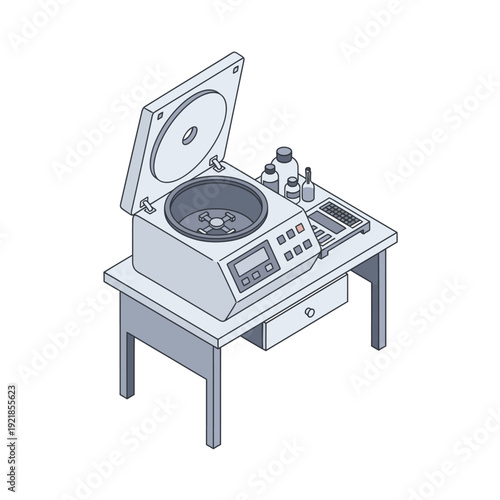 An isometric illustration of a laboratory centrifuge with bottles and a control panel on a table.