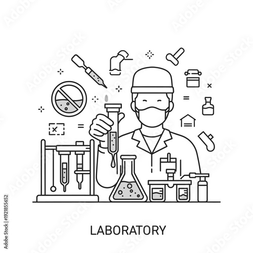 A scientist in a laboratory setting, surrounded by various scientific equipment and symbols, conducting an experiment.