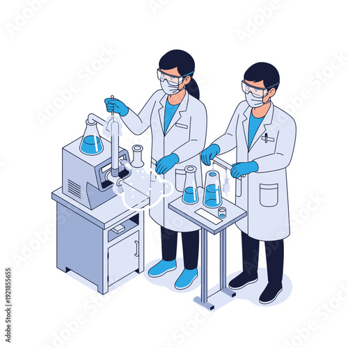 Two scientists in a laboratory setting, wearing protective gear, are conducting an experiment with various scientific equipment and glassware.