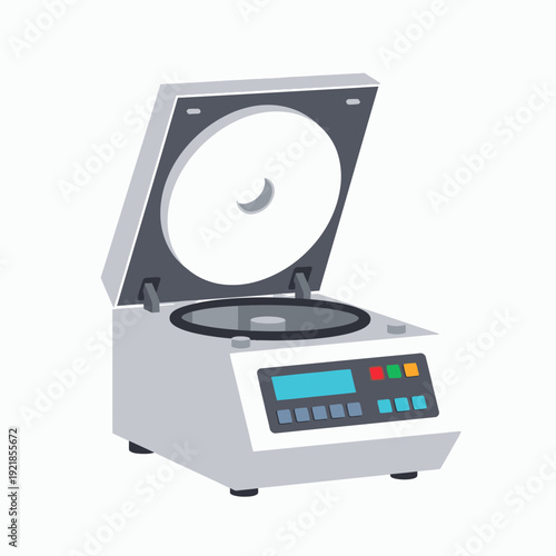 A laboratory centrifuge with its lid open, revealing the rotor inside, and a digital display panel on the front.