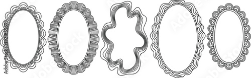 Oval frame silhouette vector illustration set, black white clipart of decorative border design ornate pattern artwork bundle for label themes