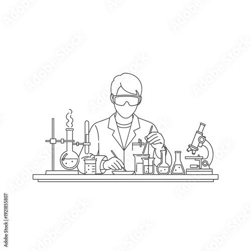 A scientist in a lab coat and goggles conducts an experiment, surrounded by beakers, flasks, a microscope, and other laboratory equipment.