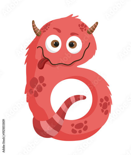 Vector illustration of a red monster letter B with a tail and eyes. The character is cartoonish and suitable for children's content.