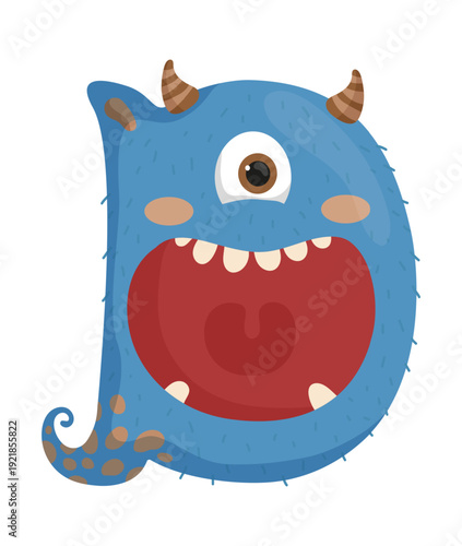Vector illustration of a blue monster letter D with horns and eyes. The character is cute and designed for educational use.