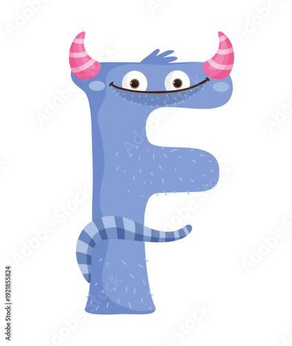 Vector illustration of a blue monster letter F with horns and stripes. The character is playful and designed for kids' learning materials.