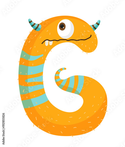 Vector illustration of an orange monster letter G with stripes. The character is cartoonish and designed for children's content.