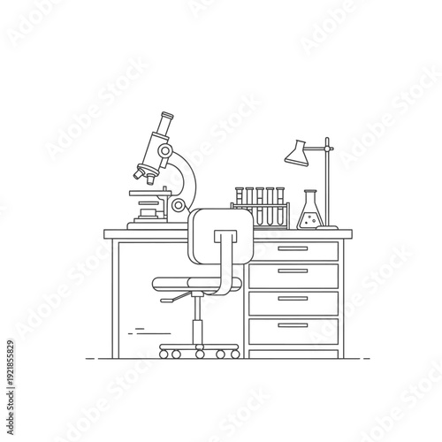 A detailed line drawing of a science laboratory desk setup with a microscope, chair, test tubes, and a flask.