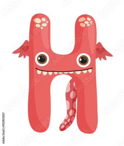 Vector illustration of a red monster letter H with horns and legs. The character is funny and suitable for children's illustrations and games.