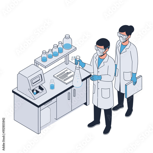Two scientists in a laboratory setting, one holding a flask and the other standing nearby with a clipboard, surrounded by scientific equipment and glassware.