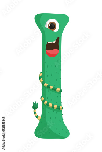 Vector illustration of a green monster letter I with stripes. The character is cute and designed for educational use.