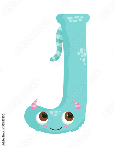 Vector illustration of a light blue monster letter J with dots and a tail. The character is cartoonish and designed for children's learning materials.