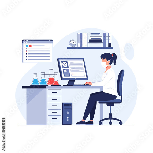 A scientist wearing a mask works on a computer in a laboratory setting with scientific equipment.