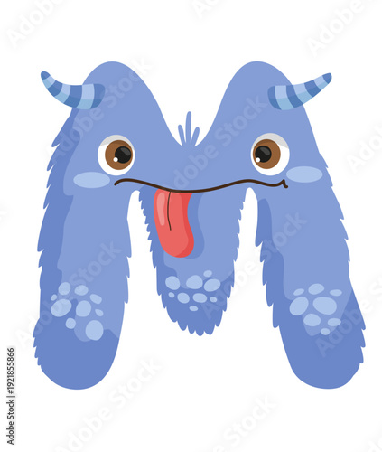 Vector illustration of a purple furry monster letter M with horns and a tongue. The character is cute and suitable for kids' illustrations.