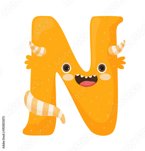 Vector illustration of an orange monster letter N with stripes and a scarf. The character is colorful and designed for educational use.