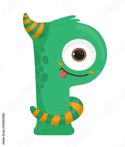 Vector illustration of a green monster letter P with a big eye. The character is cartoonish and designed for kids' learning materials.