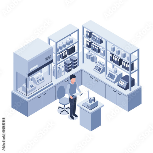 Scientist working in a modern laboratory with advanced equipment and shelves stocked with chemicals and supplies.