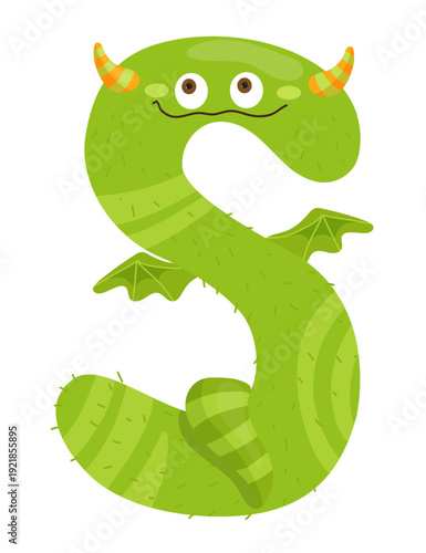 Vector illustration of a green monster letter S with horns and a tail. The character is cartoonish and designed for children's learning.