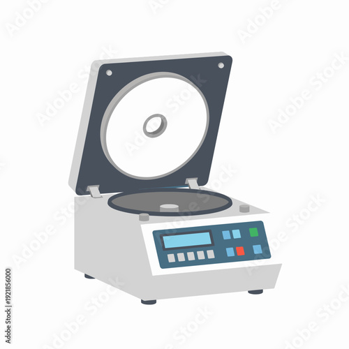 A laboratory centrifuge with its lid open, displaying its digital control panel and rotor inside.