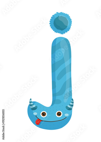 Vector illustration of a blue monster letter J with eyes and a mouth. The character is cute and designed for children's illustrations and games.