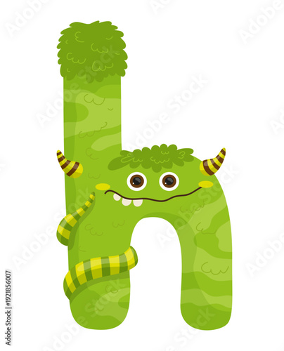 Vector illustration of a green monster letter H with legs and eyes. The character is cartoonish and designed for kids' learning materials.