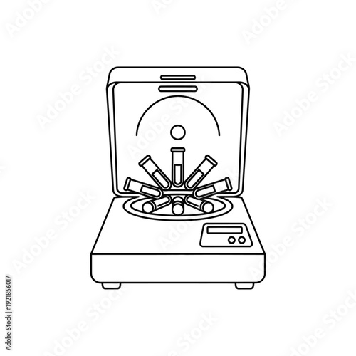 Line art illustration of a laboratory centrifuge with its lid open, showing multiple test tubes arranged in a rotor for separation.