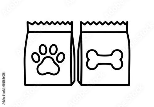 Two bags of pet food, one with a paw print and the other with a bone illustration
