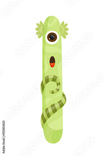 Vector illustration of a green monster letter L with an eye and stripes. The character is playful and suitable for kids' educational content.