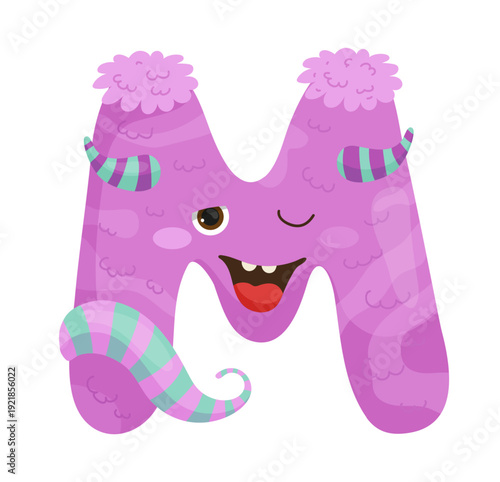 Vector illustration of a purple monster letter M with eyes and stripes. The character is funny and designed for children's books and games.