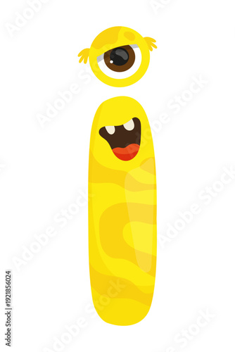 Vector illustration of a yellow monster letter I with an eye. The character is funny and suitable for children's content.